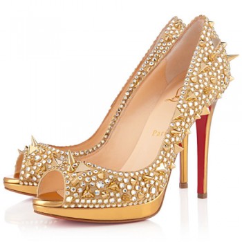Replica Christian Louboutin Yolanda Spikes 120mm Peep Toe Pumps Gold Cheap Fake Shoes