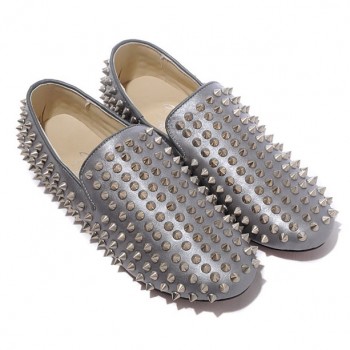 Replica Christian Louboutin Rollerboy Silver Spikes Loafers Grey Cheap Fake Shoes