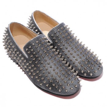 Replica Christian Louboutin Rollerboy Silver Spikes Loafers Grey Cheap Fake Shoes