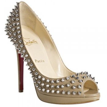 Replica Christian Louboutin Yolanda Spikes 120mm Peep Toe Pumps Beige Cheap Fake Shoes