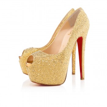 Replica Christian Louboutin Highness Strass 160mm Peep Toe Pumps Yellow Cheap Fake Shoes