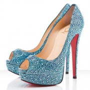 Replica Christian Louboutin Lady Peep Strass 140mm Peep Toe Pumps Blue Cheap Fake Shoes