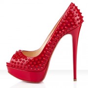 Replica Christian Louboutin Lady Peep Spikes 140mm Peep Toe Pumps Red Cheap Fake Shoes
