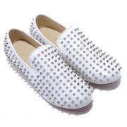 Replica Christian Louboutin Rollerboy Silver Spikes Loafers White Cheap Fake Shoes