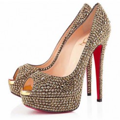 Replica Christian Louboutin Lady Peep Strass 140mm Peep Toe Pumps Gold Cheap Fake Shoes