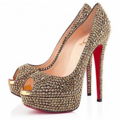 Replica Christian Louboutin Lady Peep Strass 140mm Peep Toe Pumps Gold Cheap Fake Shoes