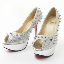 Replica Christian Louboutin Lady Peep Spikes 140mm Peep Toe Pumps Silver Cheap Fake Shoes