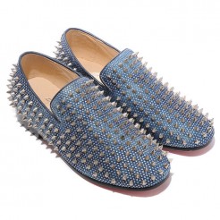Replica Christian Louboutin Rollerboy Silver Spikes Loafers Blue Cheap Fake Shoes